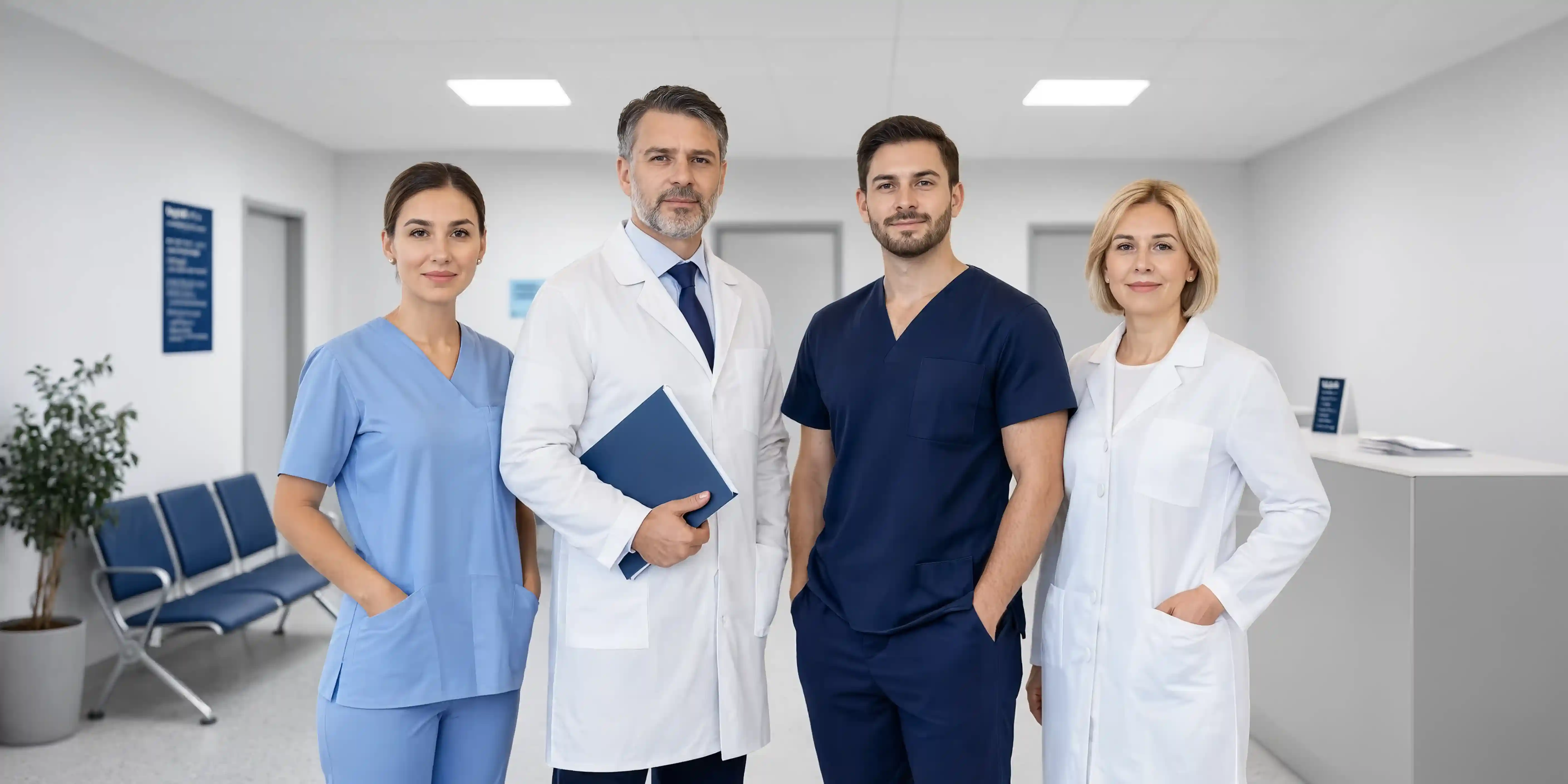 Главный врач и медицинская команда в современном холле наркологической клиники
